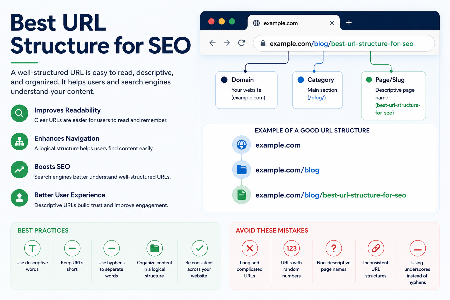 Best URL structure for SEO infographic showing URL hierarchy, descriptive URL slugs, website organization, and best practices for creating clear, SEO-friendly web addresses.