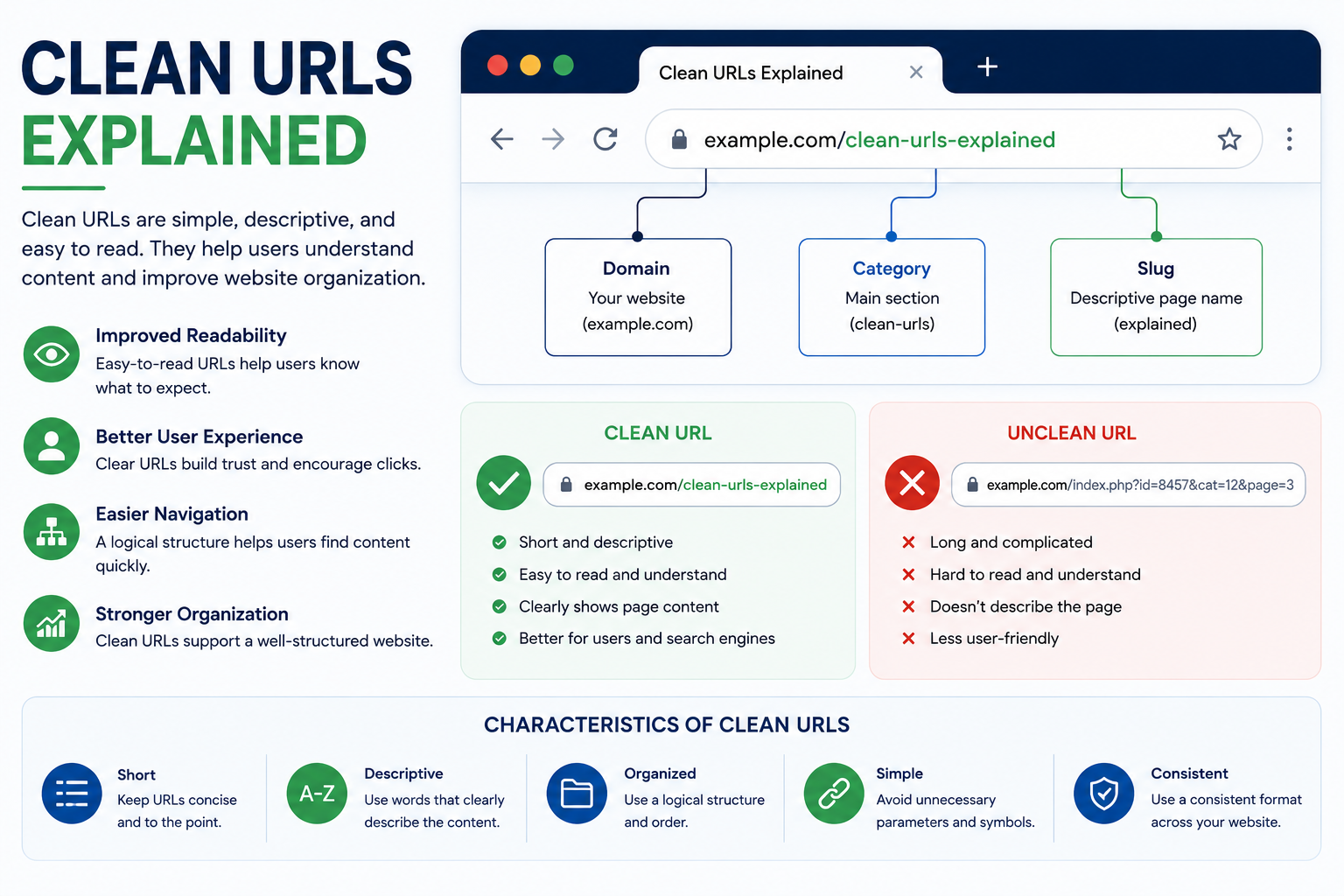 Clean URLs infographic comparing clean and unclean URL examples, illustrating descriptive web addresses, URL structure, website organization, and best practices for improved navigation and user experience.