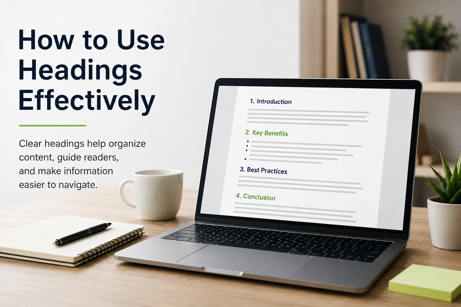 How to use headings effectively infographic illustrating clear section headings, organized content structure, improved readability, and better content navigation.