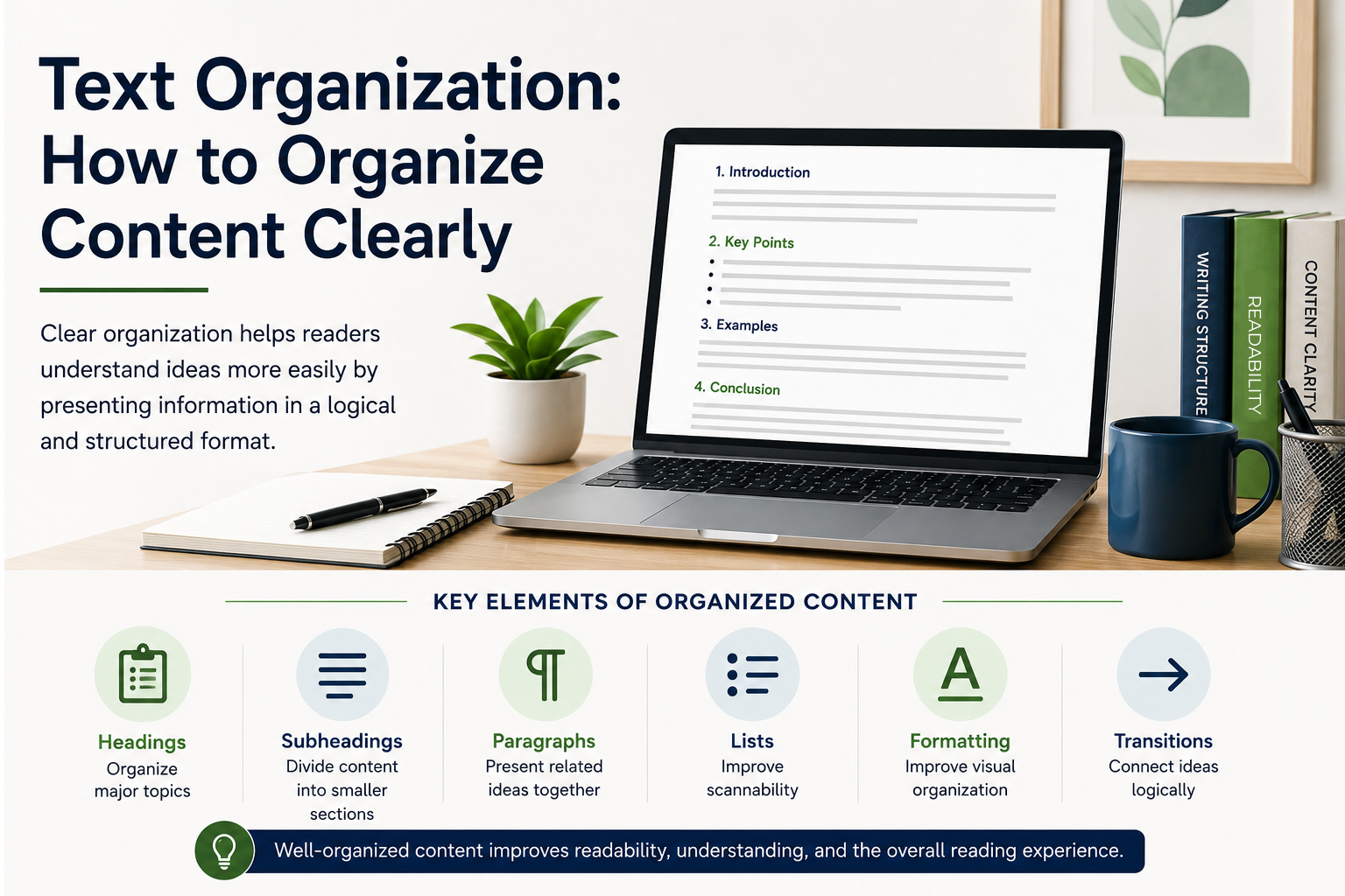 Text organization infographic showing how headings, subheadings, paragraphs, lists, and formatting help improve readability and content structure.