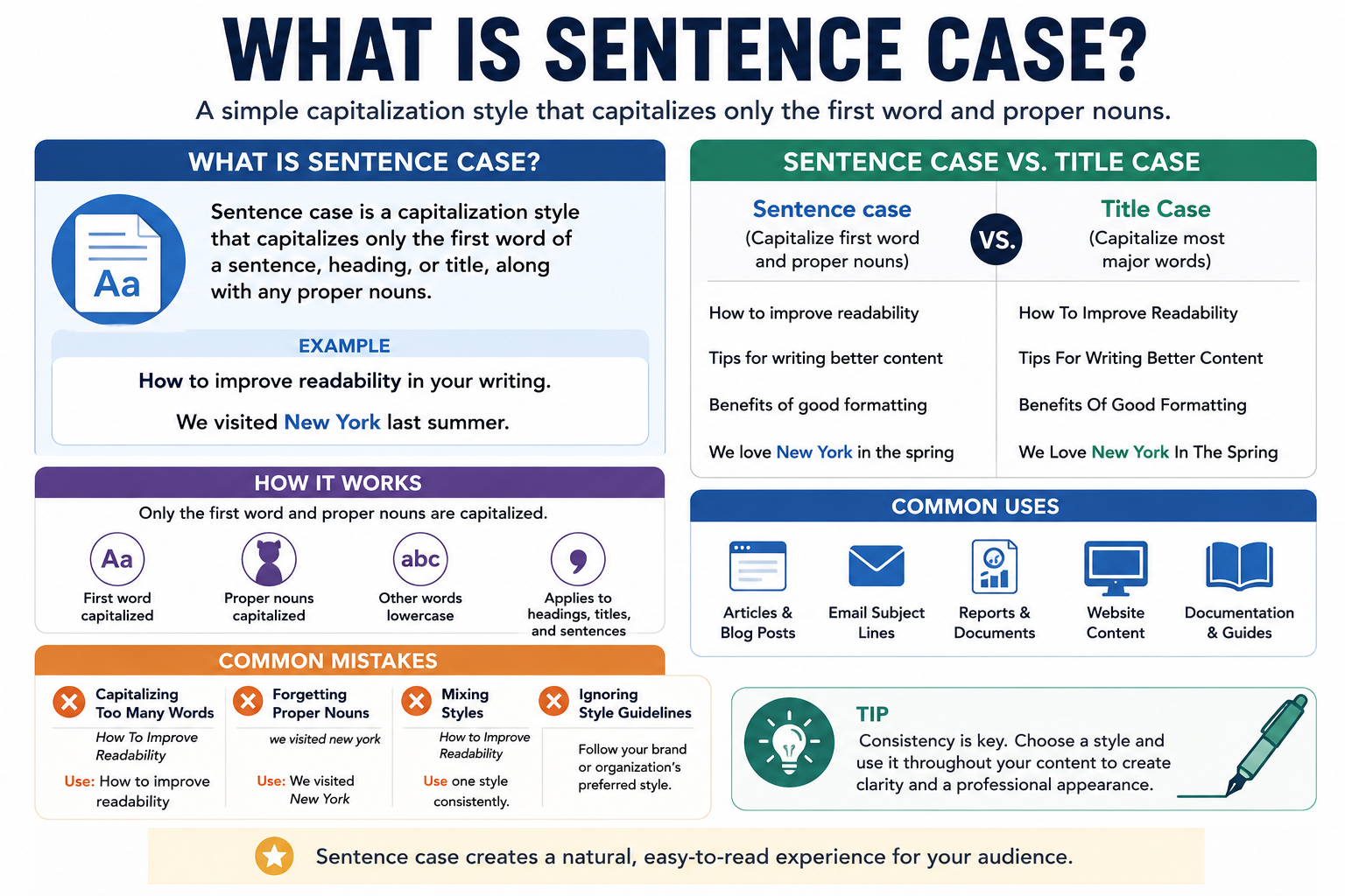 Sentence case infographic showing how sentence case works, examples of sentence case vs title case, common uses, capitalization rules, and writing best practices.