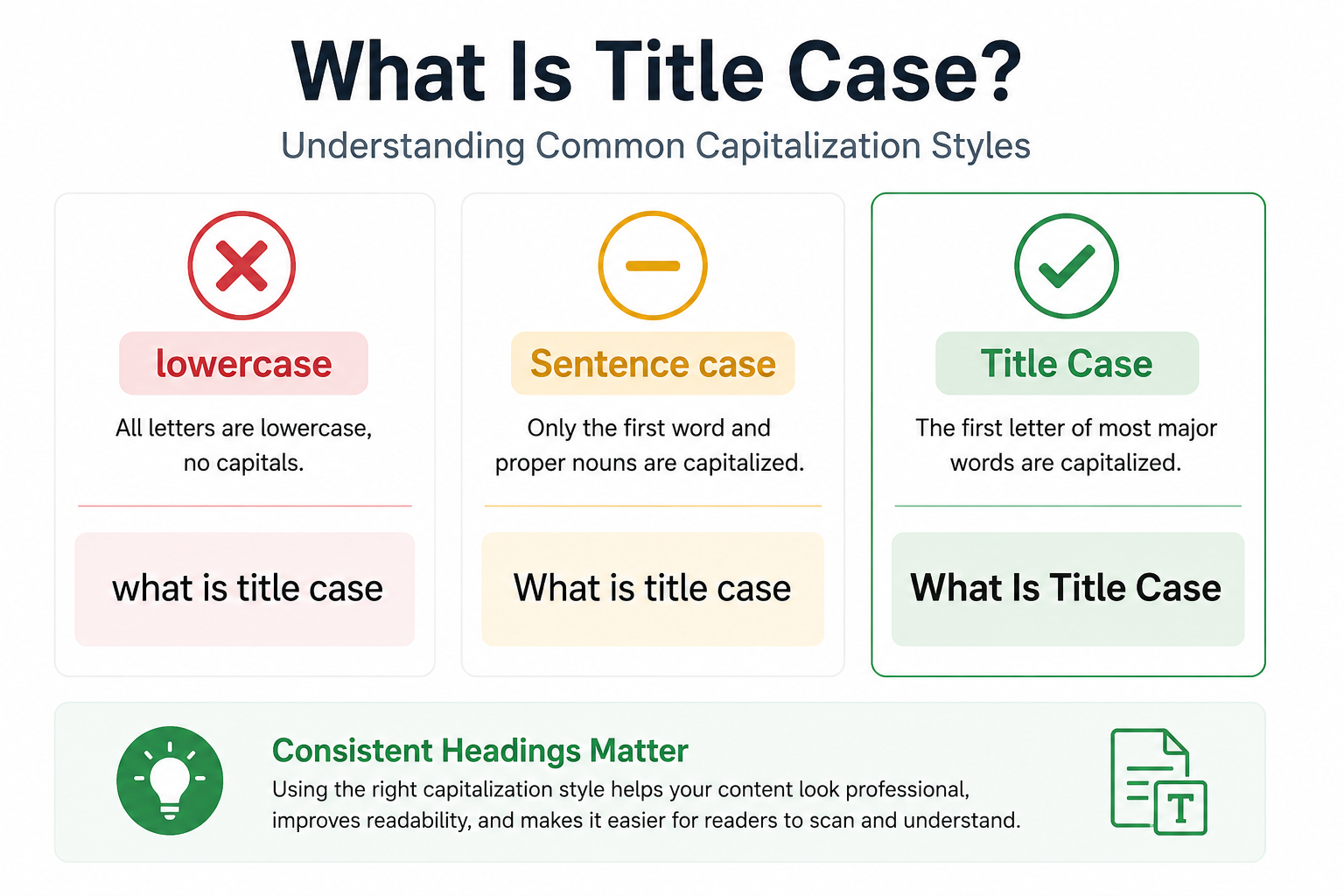 Infographic comparing lowercase, sentence case, and title case capitalization styles. The example text shows how the same heading appears in each format, highlighting title case as a common style for headings, titles, and article names.