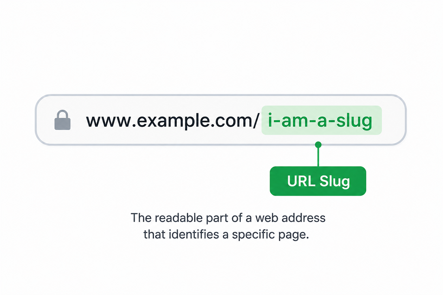 Diagram explaining a URL slug with the example “www.example.com/i-am-a-slug.” The slug portion is highlighted and labeled to show how URL slugs create readable, descriptive web page addresses.