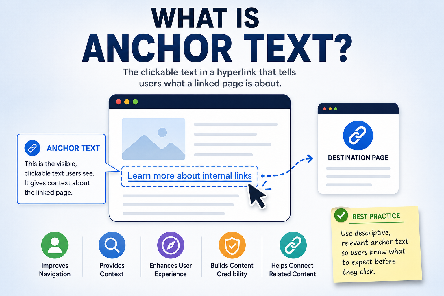 Anchor text infographic explaining how clickable link text provides context, improves website navigation, connects related content, and enhances user experience.