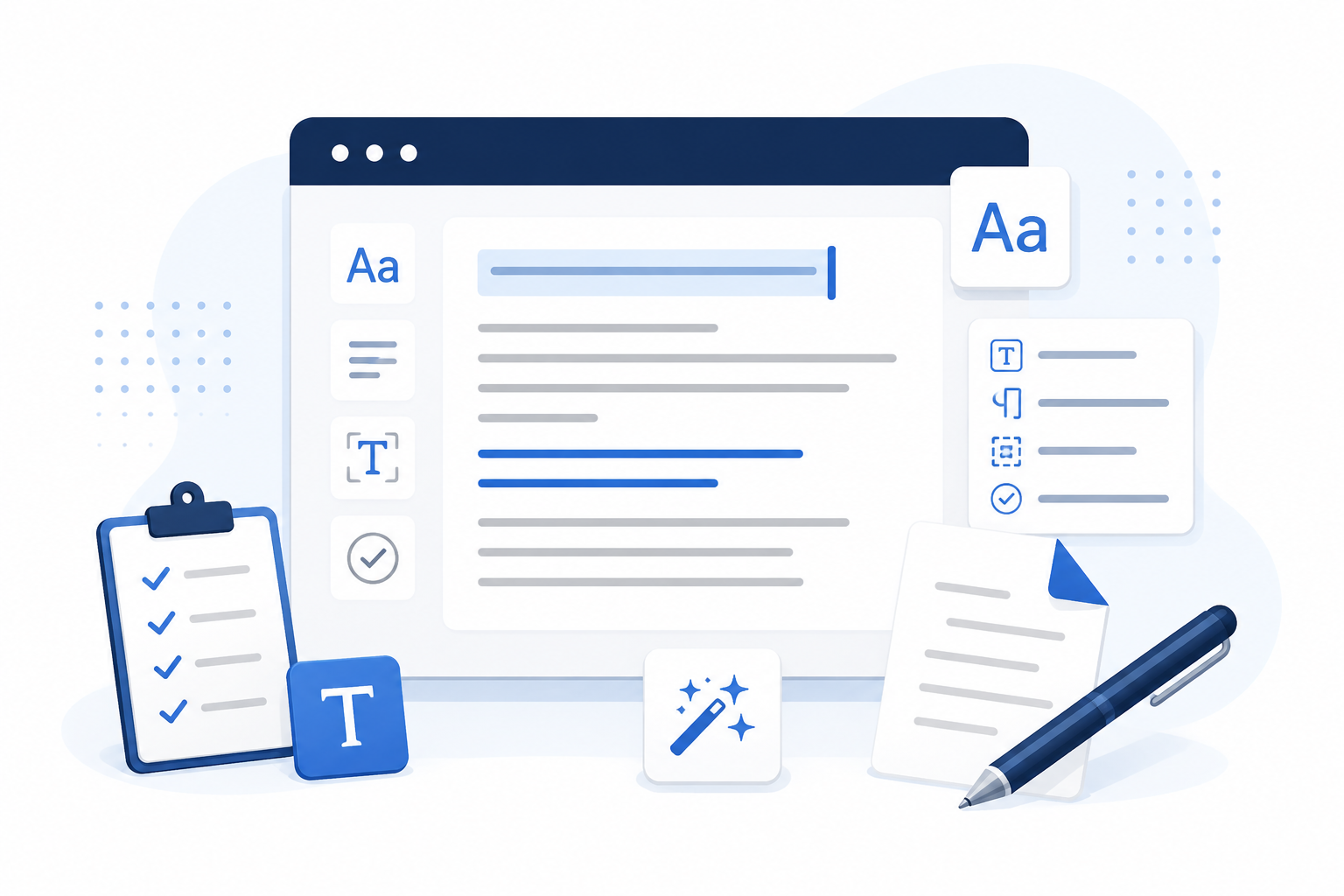Illustration of a browser-based text editor with formatting tools, documents, and writing utilities representing free online text tools.